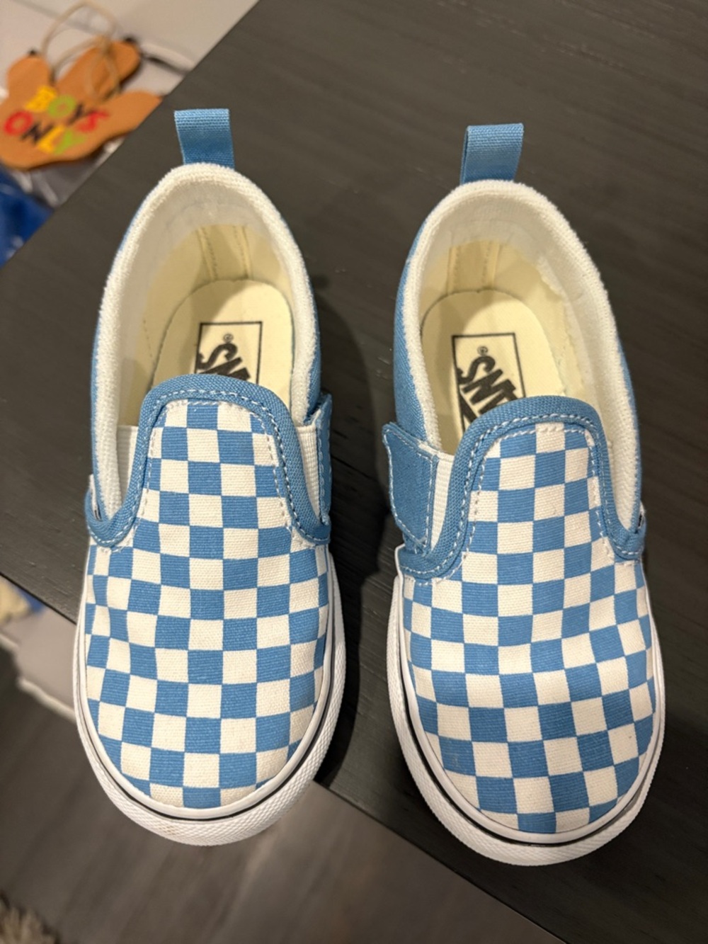Vans Kids Toddler Checkerboard Slip-On Sneakers - Light Blue/White Size 8.5